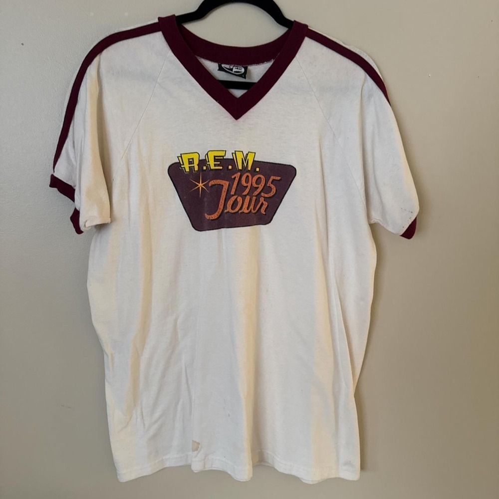 Vintage R.E.M. 1995 Tour T-Shirt RARE White Brown Cotton Ringer Tee Mens L